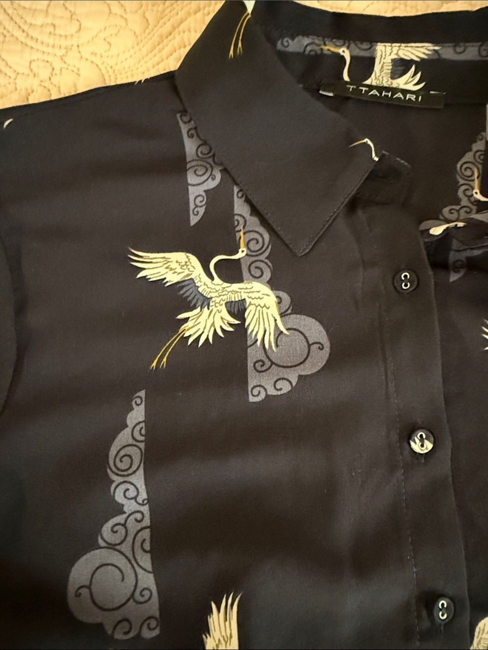 T Tahari Navy Crane-Print Button-Up Shirt - Picture 4 of 5